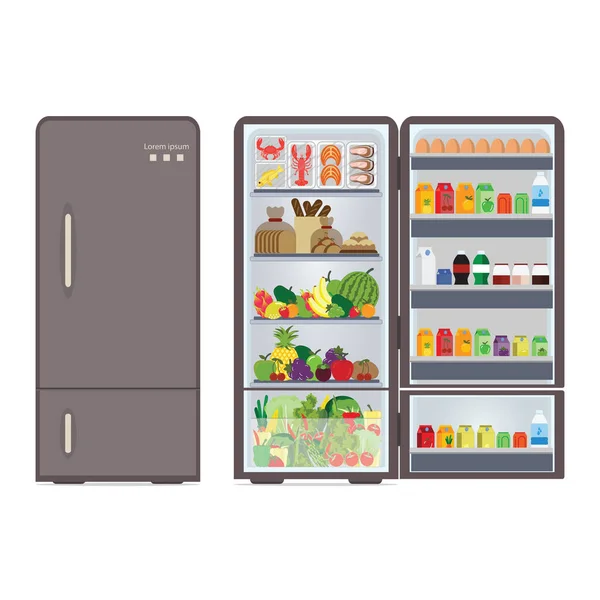 Moderno Refrigerador Cerrado Abierto Lleno Alimentos Bebidas Bebidas Frutas Verduras — Vector de stock
