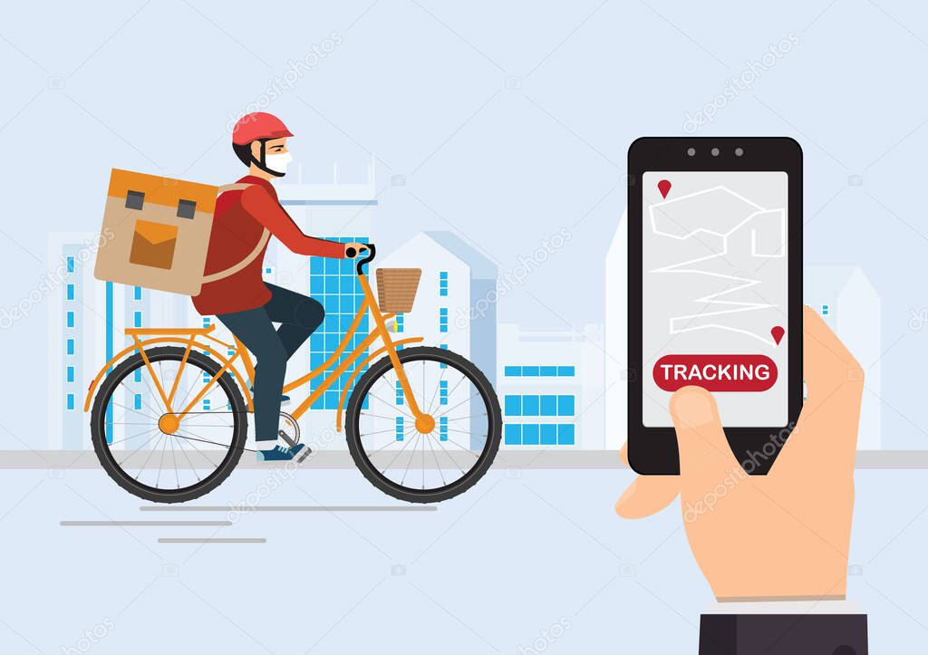 Courier on a bike with parcel box on the back tracking an order using his smartphone, city street in the background, logistics and technology, delivery service app on smartphone concept vector illustration.