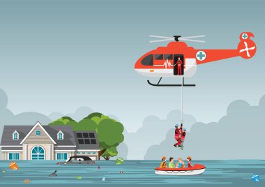 Rescue team with rescue helicopter and boat rescue in mission rescue at sea or flood, vector illustration. clipart