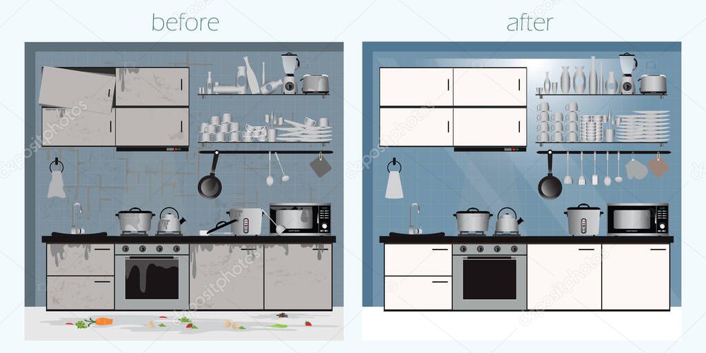 Kitchen before and after cleaning dirty dish in kitchen, clean plates and messy dinnerware. Dirt unwashed or clean dish wash, washing home utensil cartoon vector illustration