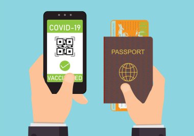 Aşılanmış kişi covid-19 salgını sırasında cep telefonunda dijital sağlık pasaport uygulaması kullanıyor, seyahat için dokunulmazlık pasaport uygulaması kullanan turist, vektör çizimi.