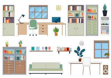 A collection of isolated office furniture in flat cartoon vector style, perfect for web and graphic design projects.vector illustration.