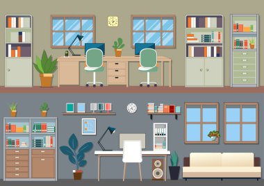 A minimalist office interior featuring a wooden table, shelves, and a chair. This vector illustration represents a contemporary home office or workspace setup.