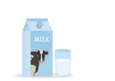 Clean vector illustration of a milk carton and a full glass of milk isolated on a white background, ideal for dairy product design, packaging, or healthy food concepts.
