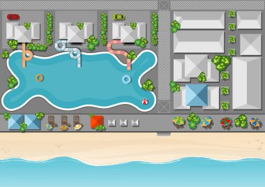 Resort swimming pool and slides from top down aerial view on sunny morning including beach and beautiful landscaping on the beach.Travel and vacation concept, vector illustration.