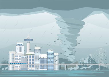 The heavy storm hit and damaged city .Storm Waterspout Twister , city flood , Disaster Concept Flat Vector Illustration.