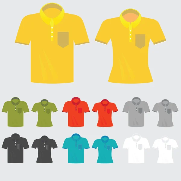 Set of templates colored polo shirts for man and women. — Stock Vector