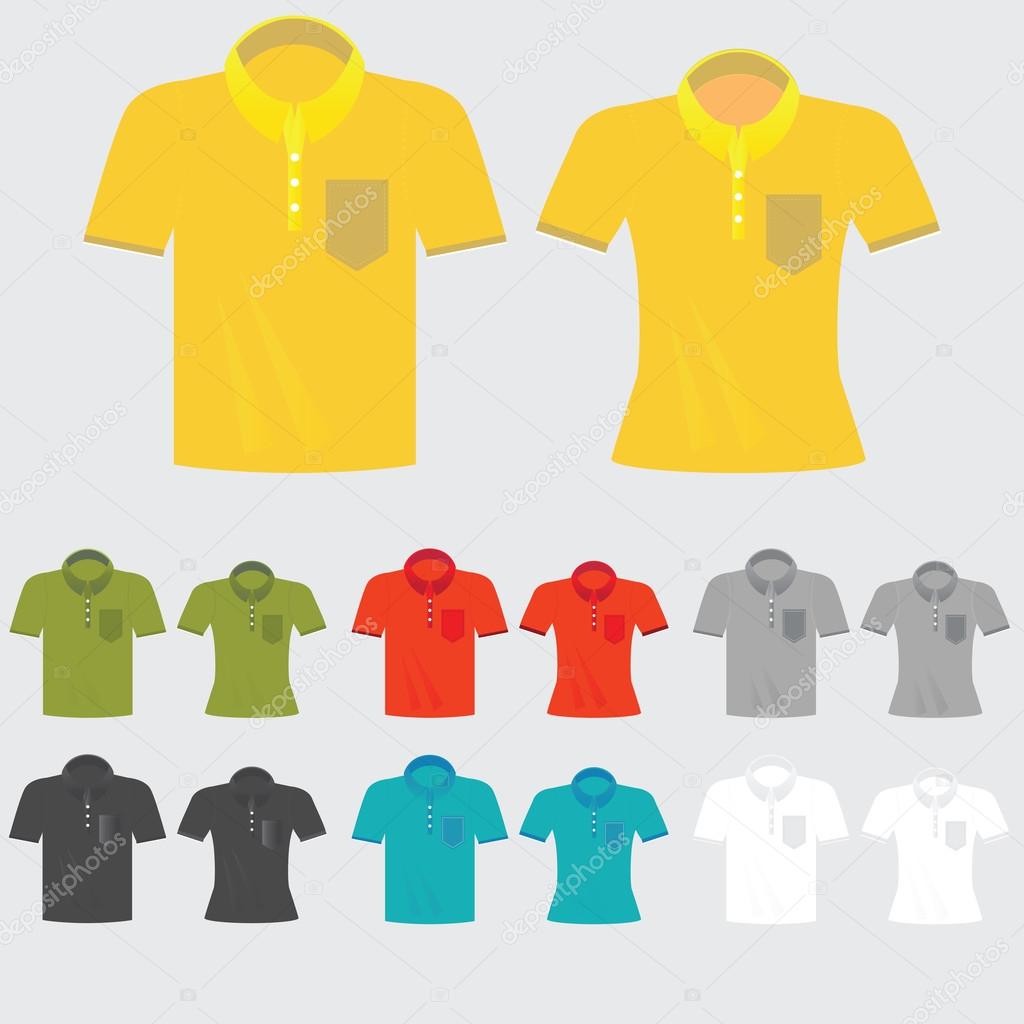 Set of templates colored polo shirts for man and women.