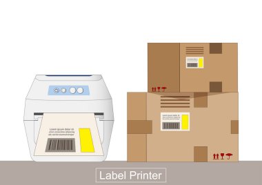 Bir etiket yazıcısının yanında, ambalaj ve lojistik kavramları temsil eden yapıştırıcı etiketli bir paket kutusu bulunur. vektör illüstrasyonu. 