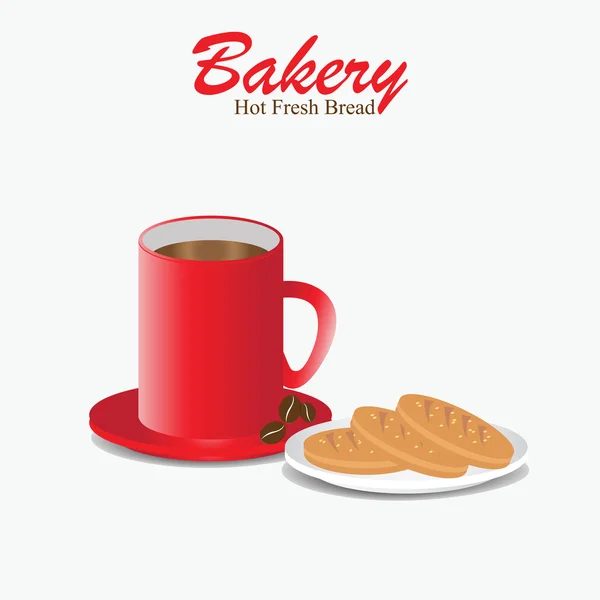 Xícara de café vermelho com pão de padaria . — Vetor de Stock