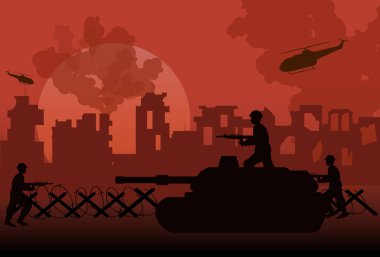 Ön planda dikenli teller, askerler, askeri helikopterler ve tanklarla yıkılmış bir şehrin manzarası. Savaş kalıntıları çatışma, yıkım ve askeri istilayı temsil ediyor. Savaş sembolü..