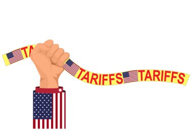 Amerikan gümrük vergilerinin engelli şeridini tutan elini kaldırdı. Ticari kısıtlamalar, ekonomi politikaları, uluslararası ticaret ve ticari etki kavramı. Vektör illüstrasyonu.