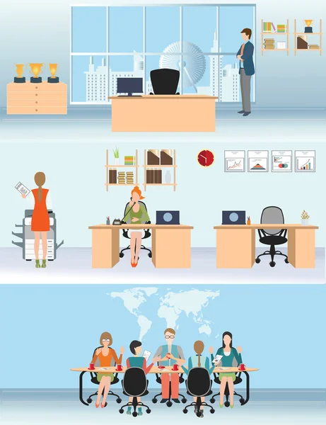 Businessman and woman in interior office building. — Stock Vector