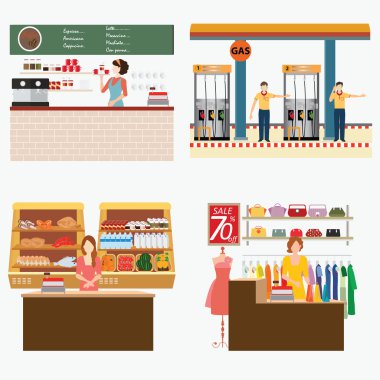 Süpermarket kahvehane Petrol istasyonu ve giyim mağazası.