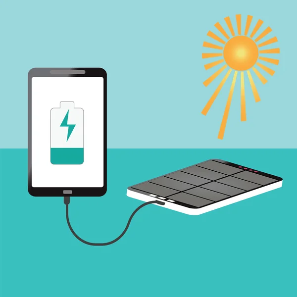 Main humaine tenant smartphone charge connecter avec l'énergie solaire — Image vectorielle