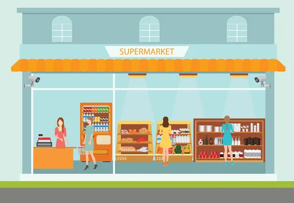 Süpermarket bina ve ürünleri satın alma insanlarla iç.