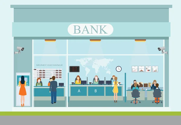 Bank building exterior and  bank interior. — Stock Vector