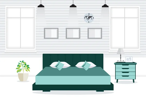 Dormitorio doble de diseño plano con muebles . — Vector de stock