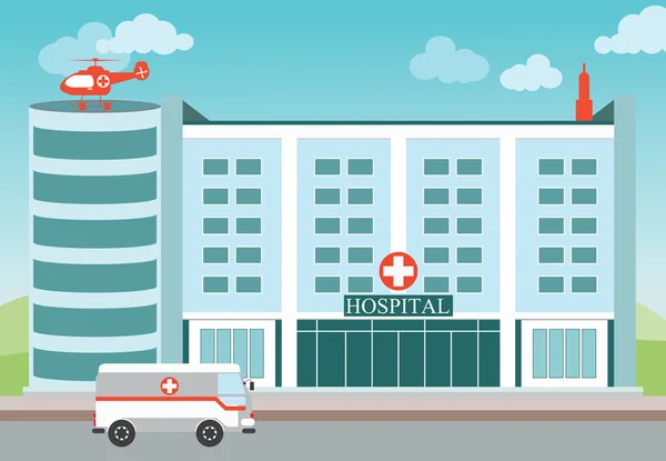 Edifício hospitalar com helicóptero médico e ambulância . — Vetor de Stock