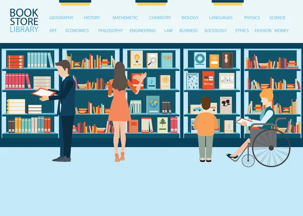 Kitapçı veya kütüphane kitap rafı ile.