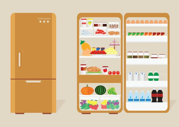 Vintage kapalı ve açık buzdolabı tam gıda ve içecek.
