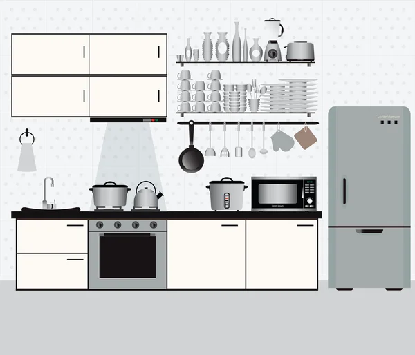 Cocina interior con estantes de cocina y utensilios de cocina . — Vector de stock