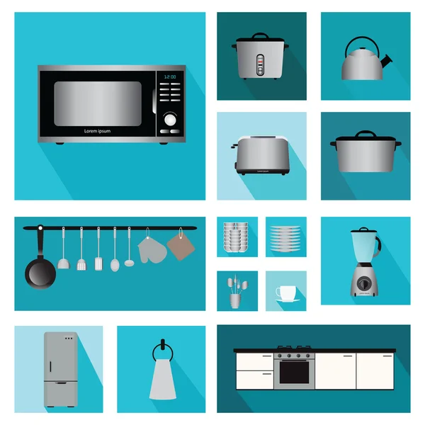 Set interieur keuken met keuken planken en koken gebruiksvoorwerp — Stockvector