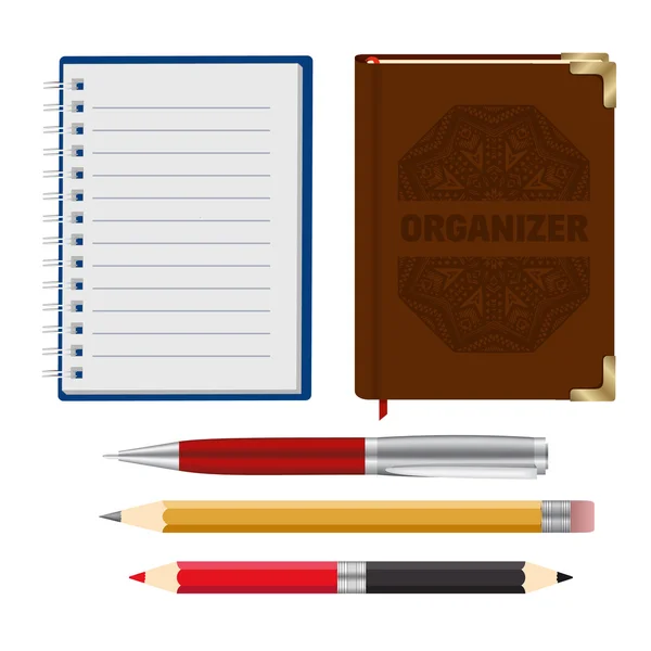 Organizador, cuaderno, bolígrafo y pensil — Vector de stock