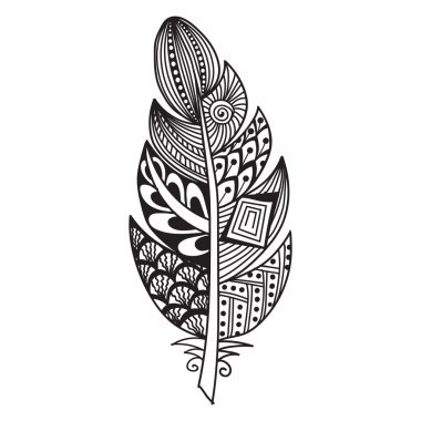 Beyaz arka plan üzerinde el çekilmiş zentangle tüy