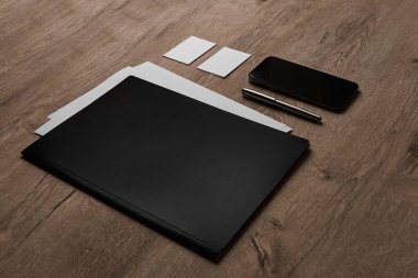 Corporate Stationery, Branding Mock-up, Wooden Background, Dark and Bright objects