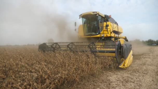 キエフ ウクライナ 2020年10月24日 現代の素晴らしい眺めは 秋に大規模な農業分野で大豆作物を収集し スパイクを切断する収穫者を組み合わせています 楽観的に見える — ストック動画