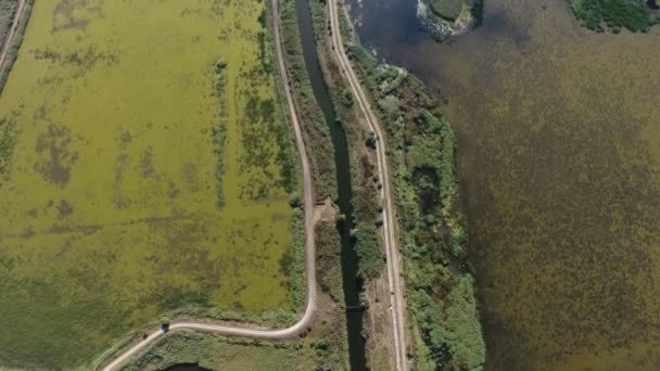 Aerial Shot Fish Plant Dam Straight Road Canal Sunny Day — Vídeo de stock