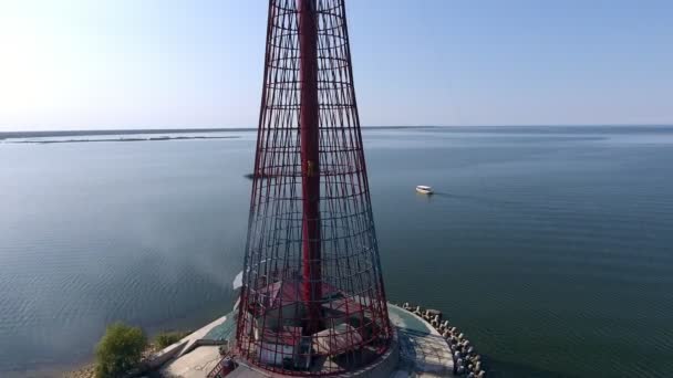 Aerial Sky High Metallic Beacon Standing Small Island Open Sea — Stock Video