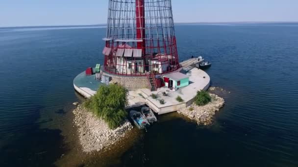 Aerial High Lighthouse Standing Small Islet Trees Houses Open Sea — Stock Video