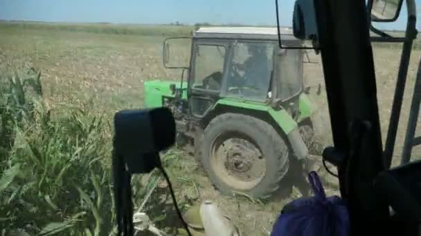 Menggabungkan Penggerak Pemanen Dengan Traktor Yang Bergerak Dekat Area Persawahan — Stok Video