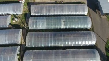 Yaz mevsiminde bir çiftlikte sıralanmış dört düz seranın hava görüntüsü güneşli bir yaz gününde büyük bir özel tarım çiftliğinde ilk sebzeler ve meyveler için dört plastik büyük ve düz seranın kuş bakışı görüntüsü heyecan verici.