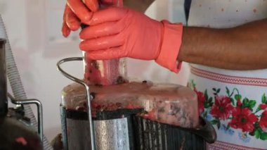 Sulu ve pembe karpuz merkezi, küçük bir tarım fabrikasında şeffaf bir karıştırıcının tansent plastik tüpüne yerleştirilmiş etli ve olgun karpuz merkezi dilimlerinden oluşan büyük bir mikserin plastik borusuna yerleştirilmiş. İyi görünüyor..