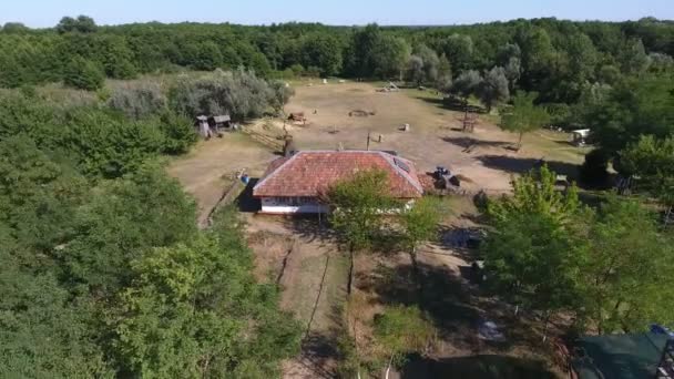 Luftaufnahme Eines Großen Bauernhauses Auf Einer Waldwiese Einem Sonnigen Sommertag — Stockvideo