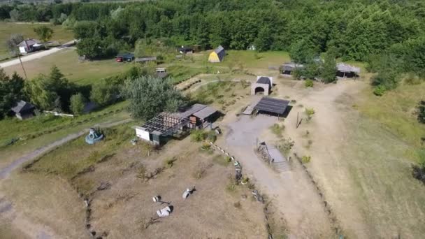 Légi Felvétel Egy Nagy Farm Istállók Cölöpök Rönkök Sztyepp Erdő — Stock videók