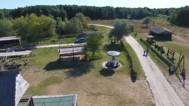 Drohne Fliegt Über Landstraße Mit Häusern Steppen Und Waldblick Sommer — Stockvideo