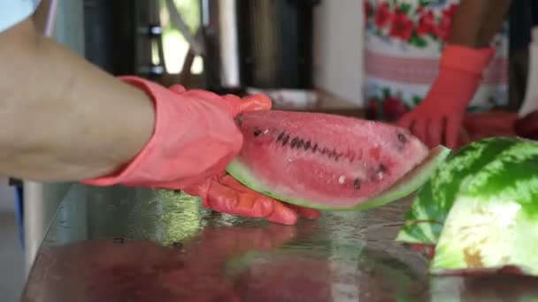 女人的手戴手套切割成熟的西瓜在一个大的农业植物上一个穿着制服的女工的愉快的特写镜头和手套站立着切割成熟的西瓜中心 并将它们送给另一个工厂的工人 — 图库视频影像