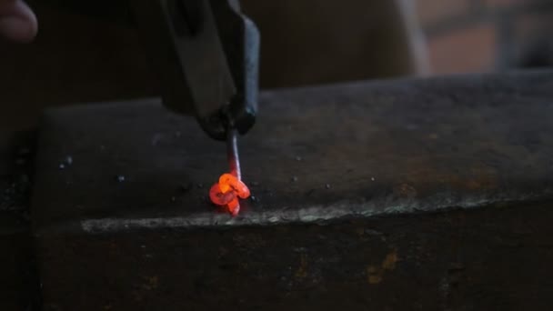 Blacksmith Hitting Red Metallic Stick Hammer Making Something Impressive Closeup — Stock Video