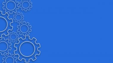 Yedi animasyon küçük dişli tekerlek ve iki büyük dişli tekerlek çatal kullanarak yan yana dönüyor. Yedi hareketli çarkın neşeli görüntüsü ve sağdaki mavi arka planda birbiriyle dönen iki büyük dişli tekerlek. Neşe ve çalışmanın etkisine neden olur..