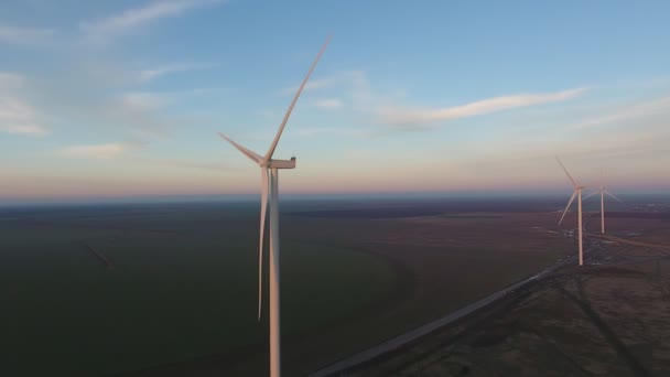 Tiro Aéreo Dois Postes Energia Eólica Com Palhetas Giratórias Beira — Vídeo de Stock