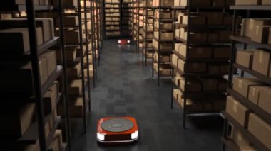 3D animasyon. Düz bir robot mağaza sahibi modern karanlık bir depoda geniş koridorlarda ürünlerle birlikte kutular getiriyor..