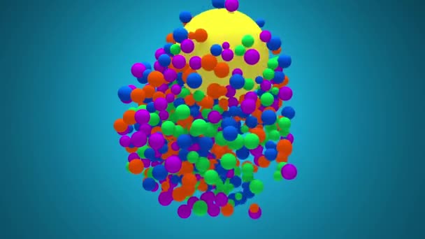 Анімація Великого Жовтого Яча Грає Серед Маленьких Веселкових Кольорових Кульок — стокове відео