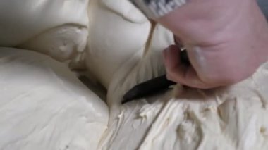 Yumuşak ve taze hamur bir işçinin elinde metalik bir kürek kemiğiyle işlenir. Orijinal yumuşak ve taze hamur yakın plan bir fırın fabrikasında işçinin elinde bulunan metal bir kürek ile işlenir. Neşeli ve ilham verici görünüyor.