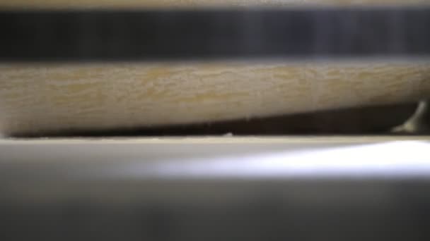 Широкий Слой Теста Покрыт Падающей Мукой Конвейерной Линии Пекарне Впечатляющий — стоковое видео