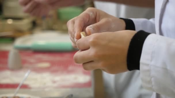 Making Dumplings Process Culinary Women Pressing Dough Hands Kitchen Cheerful — Stock Video