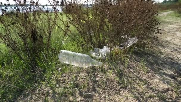 Plastikpose Plastflaske Liggende Grøn Busk Udendørs Sommeren Fantastisk Udsigt Stor – Stock-video